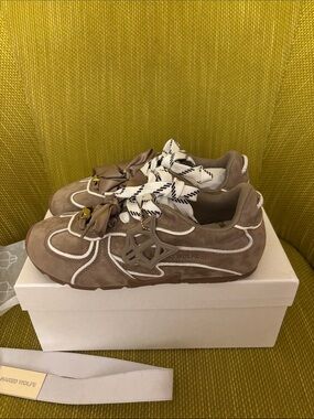 NAKED WOLFE Taupe Suede Sneakers with Contrasting White Trim
